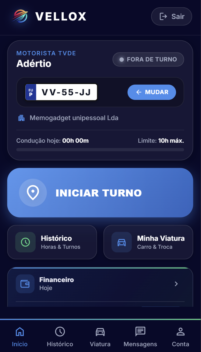 Ecrã inicial da aplicação Vellox